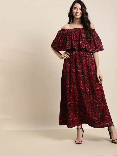 Qurvii Burgundy & Black Animal Print Maxi Dress Price in India