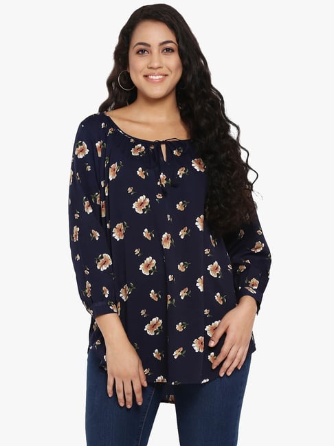 Qurvii Navy Floral Print Top-picture-16