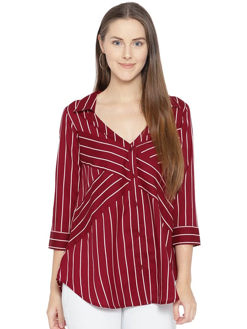 Qurvii Maroon & White Striped Top