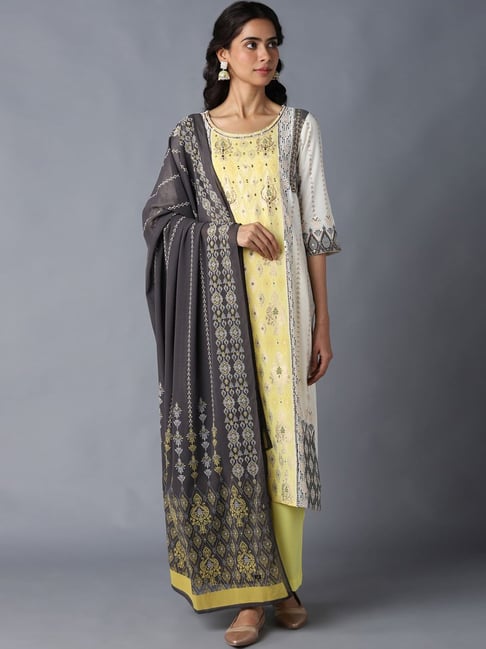 Aurelia White & Yellow Printed Kurta Palazzo Set With Dupatta