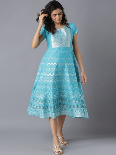 Aurelia Blue Cotton Embellished A-Line Dress Price in India