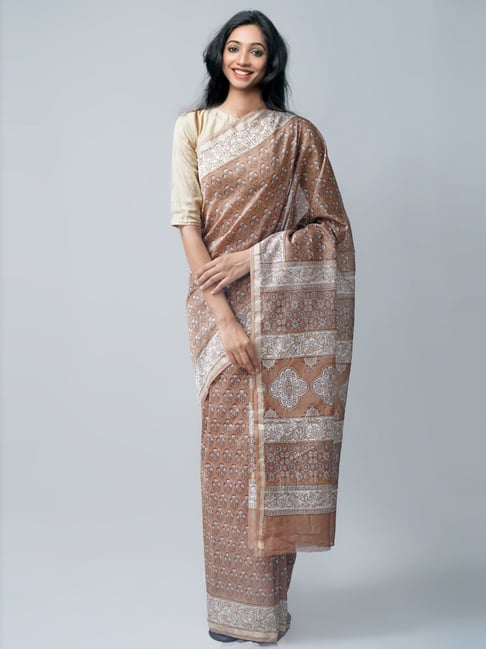 Unnati Silks Brown Silk Cotton Printed Saree With Unstitched Blouse Price in India