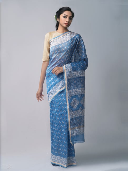Unnati Silks Blue Silk Cotton Printed Saree With Unstitched Blouse Price in India
