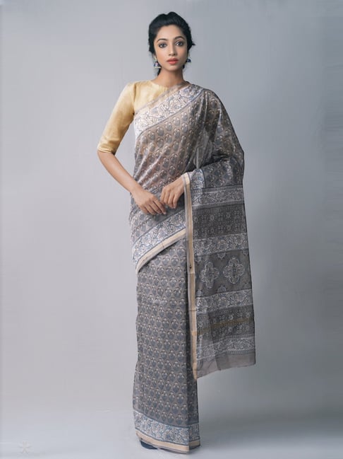 Unnati Silks Grey Silk Cotton Printed Saree With Unstitched Blouse Price in India