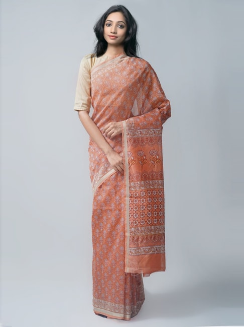Unnati Silks Orange Silk Cotton Printed Saree With Unstitched Blouse Price in India