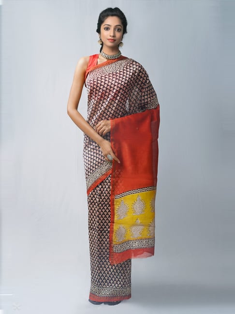 Unnati Silks Black Silk Cotton Printed Saree With Unstitched Blouse Price in India