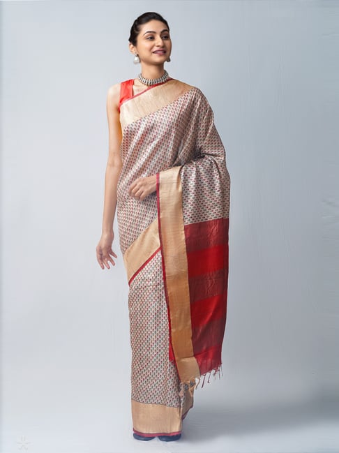 Unnati Silks Cream Silk Printed Saree With Unstitched Blouse Price in India