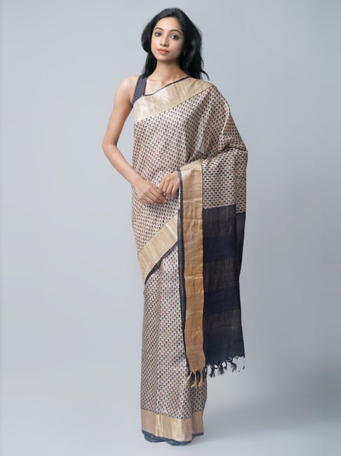 Unnati Silks Cream Silk Printed Saree With Unstitched Blouse Price in India