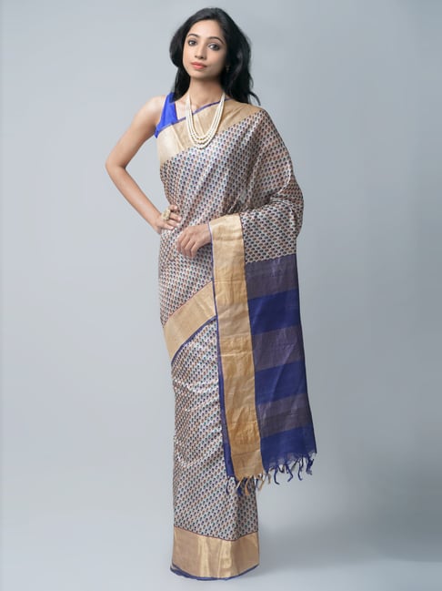Unnati Silks Cream Silk Printed Saree With Unstitched Blouse Price in India