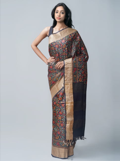 Unnati Silks Black Silk Printed Saree With Unstitched Blouse Price in India