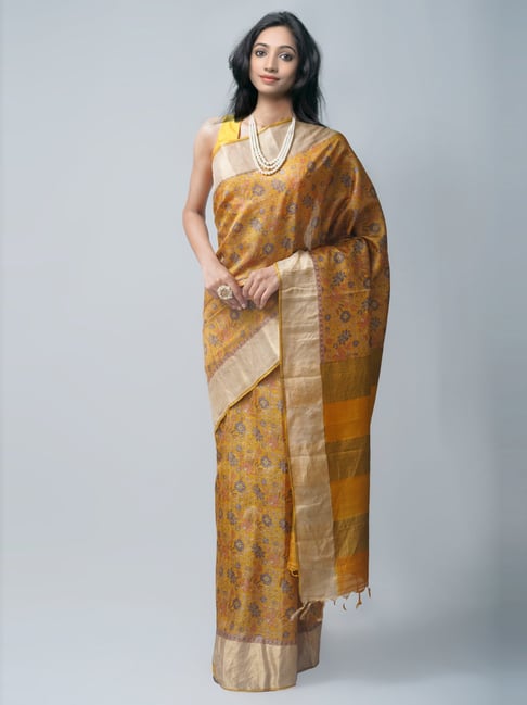 Unnati Silks Yellow Silk Printed Saree With Unstitched Blouse Price in India