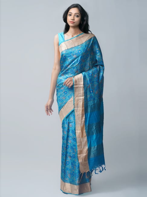 Unnati Silks Blue Silk Printed Saree With Unstitched Blouse Price in India