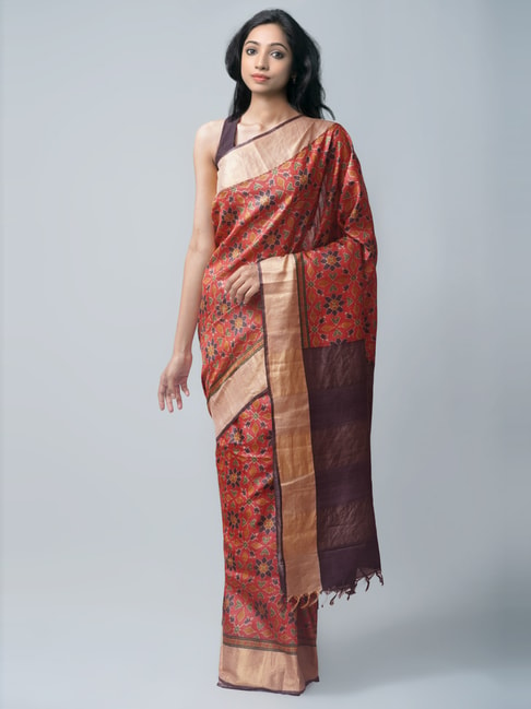 Unnati Silks Red Silk Printed Saree With Unstitched Blouse Price in India