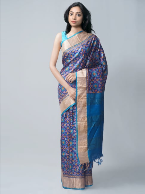 Unnati Silks Navy Silk Printed Saree With Unstitched Blouse Price in India