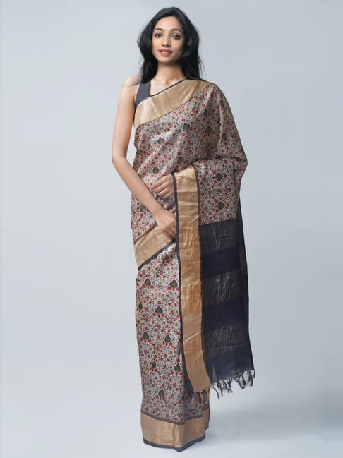 Unnati Silks Cream Silk Printed Saree With Unstitched Blouse Price in India