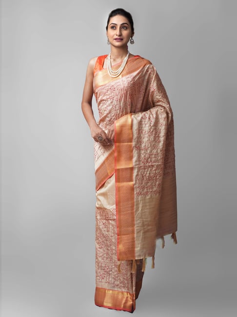 Unnati Silks Cream Silk Cotton Embroidered Saree With Unstitched Blouse Price in India