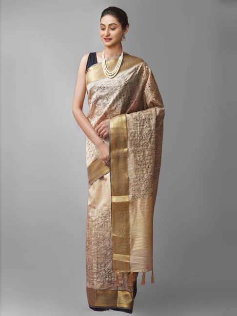 Unnati Silks Cream Silk Cotton Embroidered Saree With Unstitched Blouse Price in India