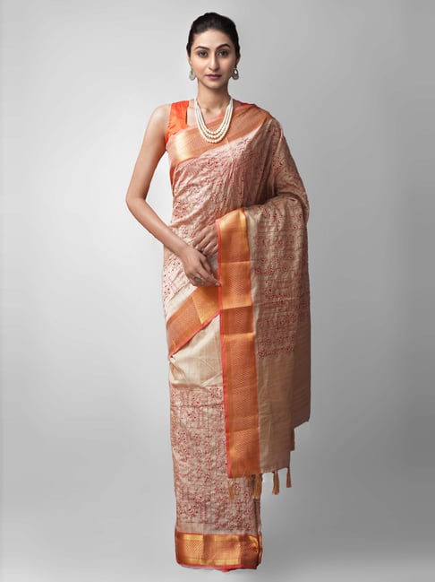 Unnati Silks Cream Silk Embroidered Saree With Unstitched Blouse Price in India