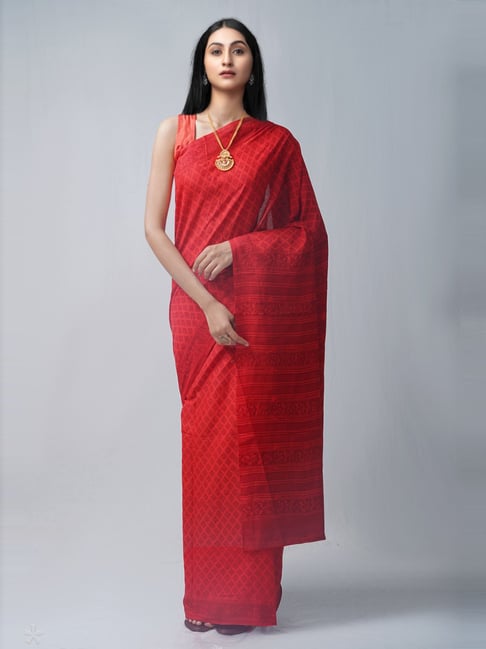 Unnati Silks Red Cotton Printed Saree With Unstitched Blouse Price in India