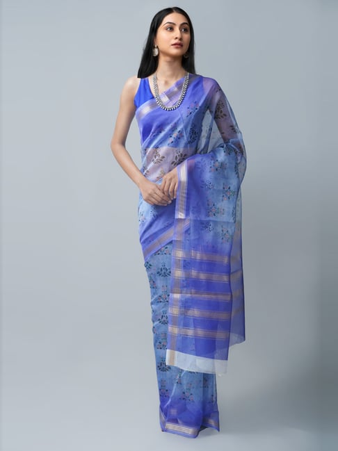 Unnati Silks Blue Printed Saree With Unstitched Blouse Price in India