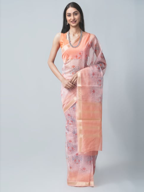 Unnati Silks Peach Printed Saree With Unstitched Blouse Price in India