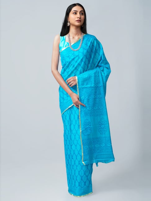 Unnati Silks Sky Blue Cotton Printed Saree With Unstitched Blouse Price in India