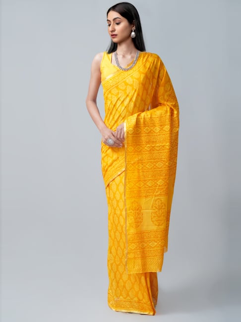 Unnati Silks Yellow Cotton Printed Saree With Unstitched Blouse Price in India
