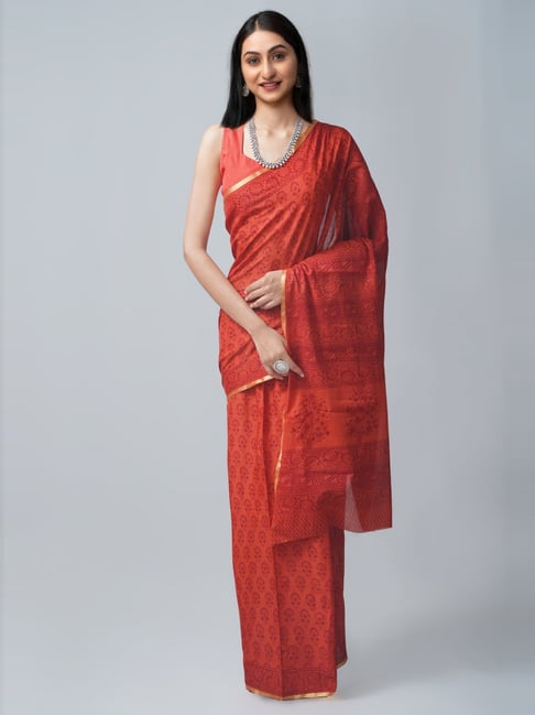 Unnati Silks Red Cotton Printed Saree With Unstitched Blouse Price in India