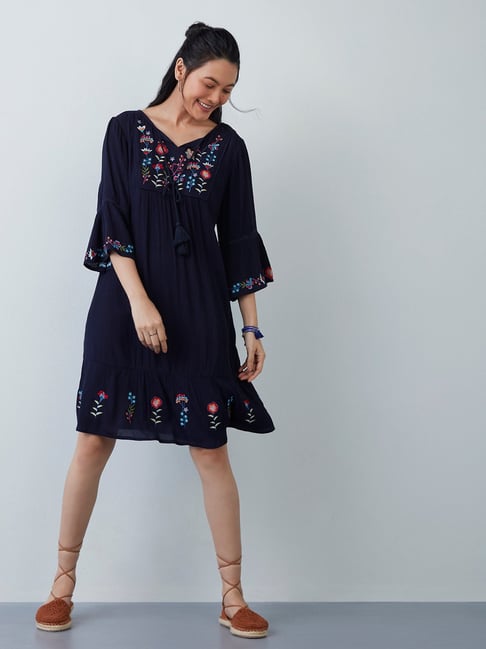 LOV by Westside Navy Floral-Embroidered Tiered Dress Price in India