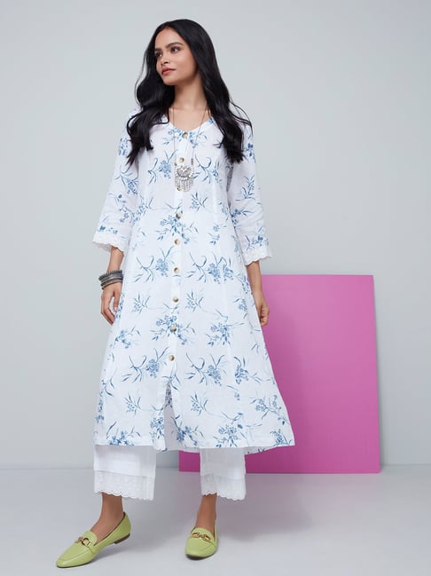 Buy Zuba Off-White Pure Cotton Floral Palazzos from Westside