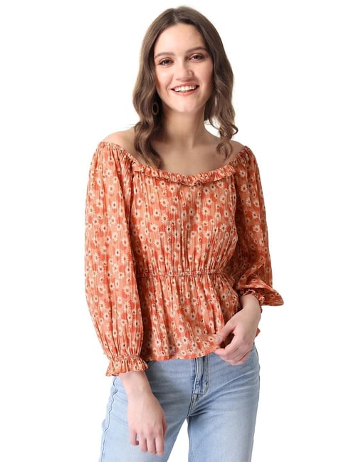 Buy Faballey Orange Floral Frilled Puff Sleeve Smocked Peplum Top