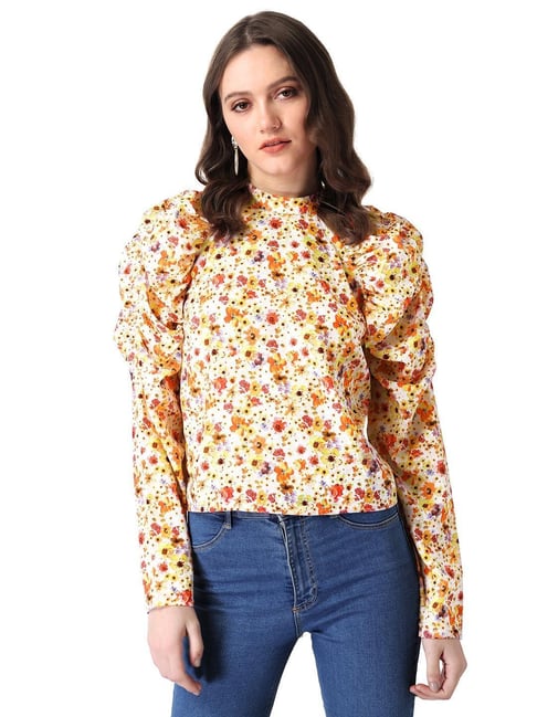 Faballey Multicoloured Ruched Sleeve High Neck Top Price in India