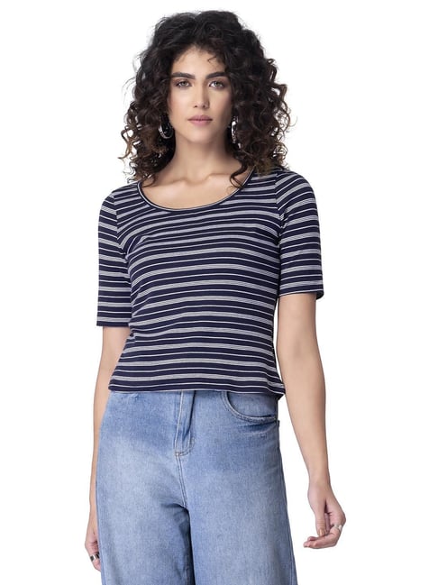 Faballey Blue White Striped Knit Top