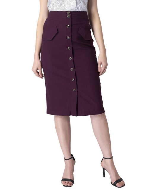 Faballey Purple Buttoned High Waist Pencil Skirt Price in India
