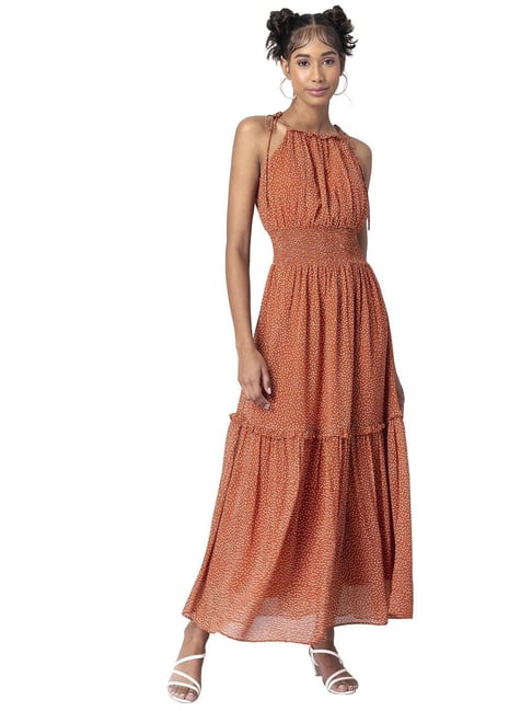 Buy Faballey Orange Polka Halter Smocked Waist Maxi Dress for