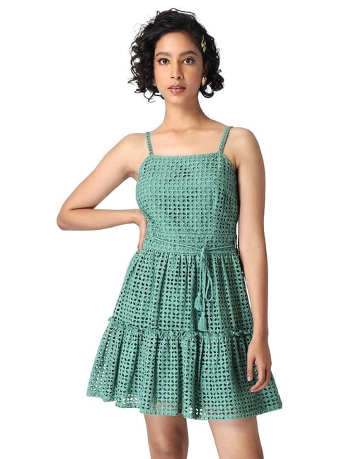 Faballey Green Strappy Schiffli Belted Tiered Dress Price in India