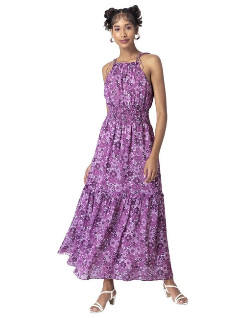 Faballey Purple Floral Halter Smocked Waist Maxi Dress