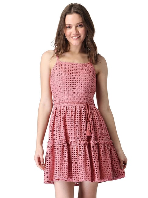 Faballey Blush Strappy Schiffli Belted Tiered Dress Price in India