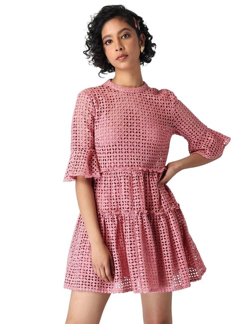 Faballey Pink Schiffli Tiered Back Tie Dress Price in India