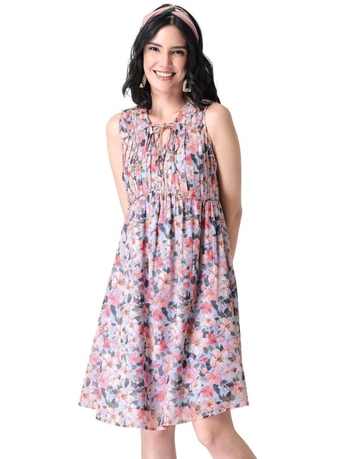 Faballey Blue Floral Smocked Tie Up Skater Dress Price in India
