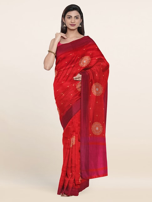 Pothys Red Silk Woven Saree With Unstitched Blouse Price in India