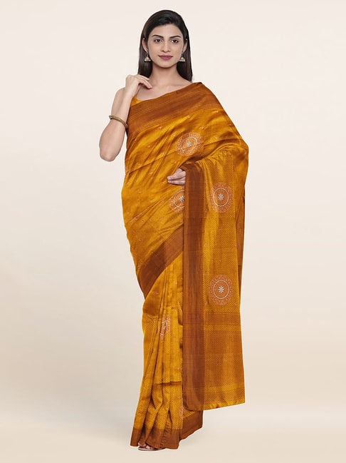 Pothys Mustard Silk Woven Saree With Unstitched Blouse Price in India