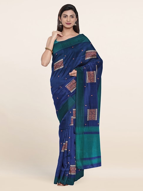 Pothys Blue & Green Silk Woven Saree With Unstitched Blouse Price in India