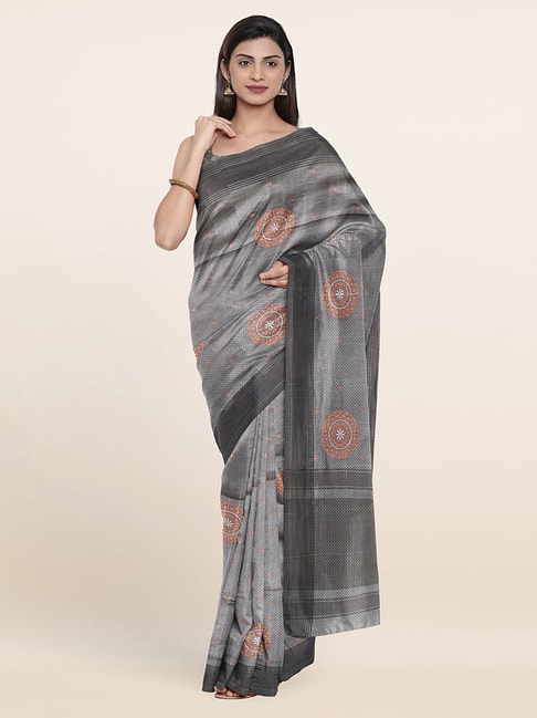 Pothys Grey Silk Woven Saree With Unstitched Blouse Price in India