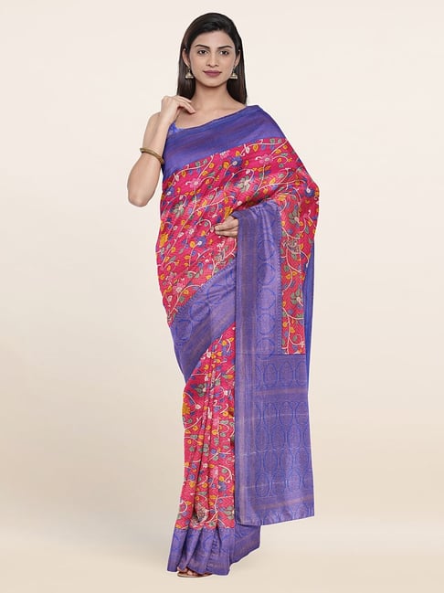 Pothys Pink & Blue Silk Floral Print Saree With Unstitched Blouse Price in India