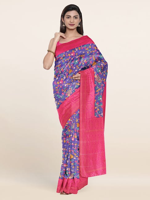 Pothys Blue & Pink Silk Floral Print Saree With Unstitched Blouse Price in India