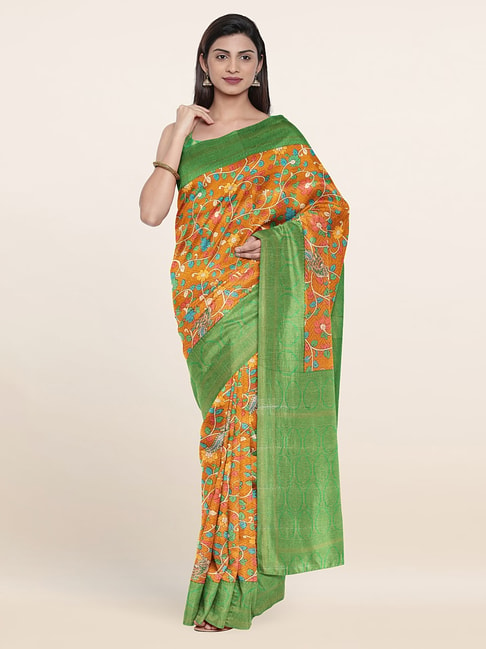 Pothys Yellow & Green Silk Floral Print Saree With Unstitched Blouse Price in India