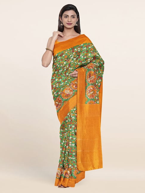 Pothys Green & Yellow Silk Floral Print Saree With Unstitched Blouse Price in India