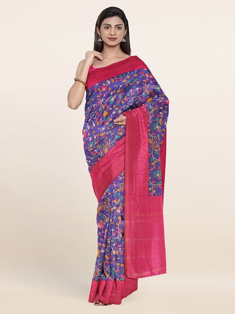 Pothys Blue & Pink Silk Floral Print Saree With Unstitched Blouse Price in India