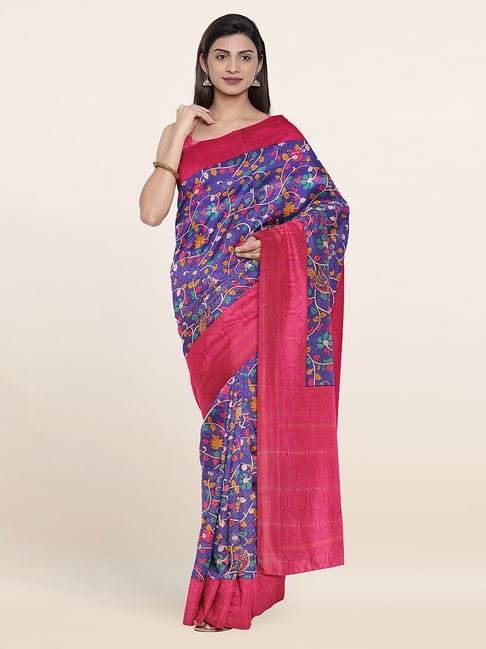 Pothys Purple & Pink Silk Floral Print Saree With Unstitched Blouse Price in India